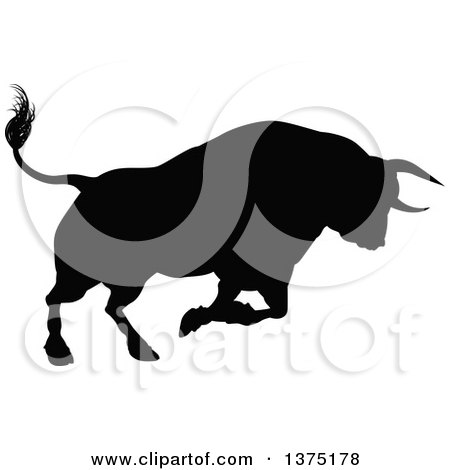 Clipart of a Black Silhouetted Bull Charging - Royalty Free Vector Illustration by AtStockIllustration