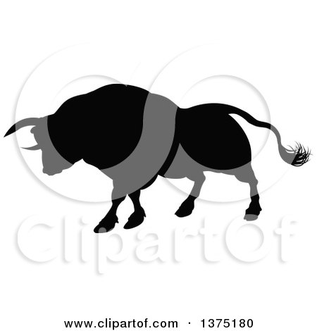Clipart of a Black Silhouetted Bull Charging - Royalty Free Vector Illustration by AtStockIllustration