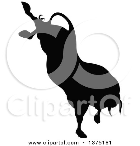 Clipart of a Black Silhouetted Bull Bucking - Royalty Free Vector Illustration by AtStockIllustration
