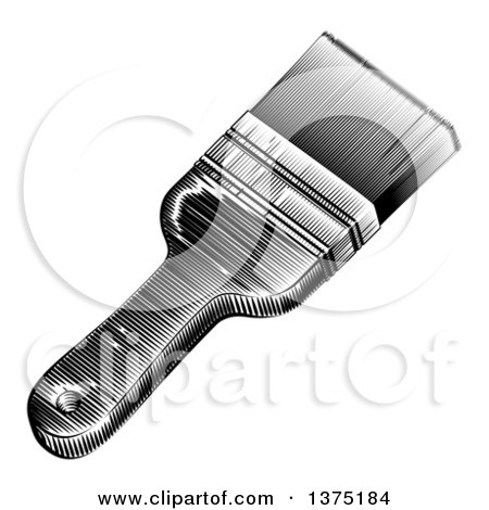 Clipart of a Black and White Woodcut or Engraved Paintbrush - Royalty Free Vector Illustration by AtStockIllustration