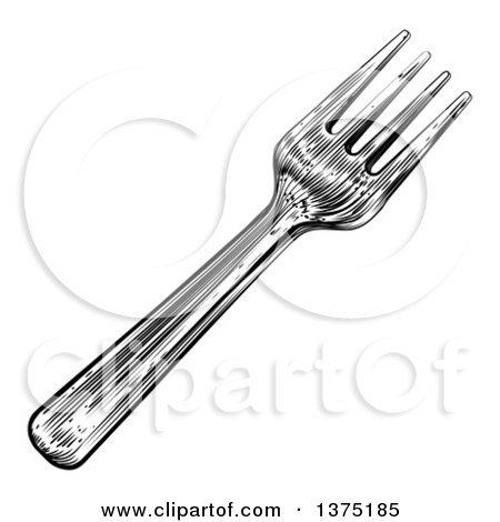 Clipart of a Black and White Woodcut or Engraved Fork - Royalty Free Vector Illustration by AtStockIllustration