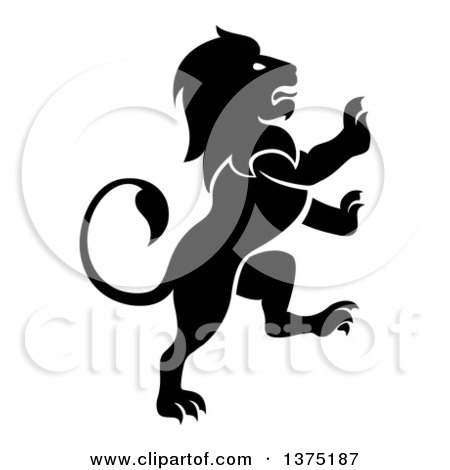 Clipart of a Silhouetted Black and White Rampant Lion - Royalty Free Vector Illustration by AtStockIllustration