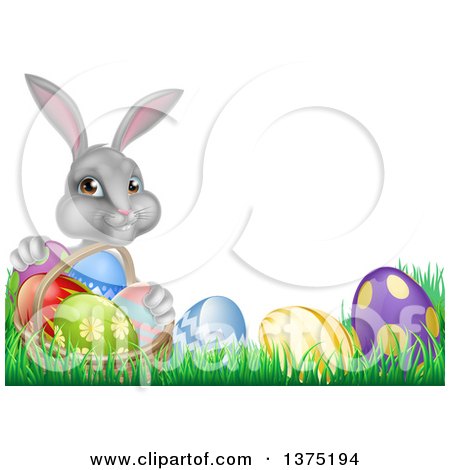 Clipart of a Happy Gray Easter Bunny with a Basket of Eggs and Flowers in the Grass, with White Text Space - Royalty Free Vector Illustration by AtStockIllustration