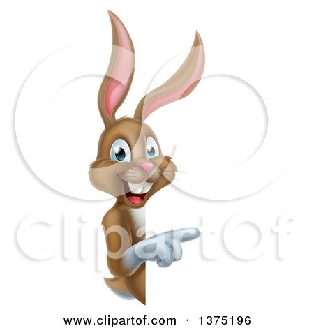 Clipart of a Happy Brown Bunny Rabbit Pointing Around a Sign - Royalty Free Vector Illustration by AtStockIllustration