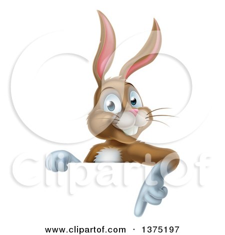 Clipart of a Happy Brown Bunny Rabbit Pointing down over a Sign - Royalty Free Vector Illustration by AtStockIllustration