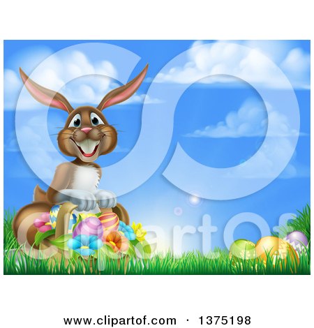 Clipart of a Happy Brown Easter Bunny with a Basket of Eggs and Flowers in the Grass, Against a Blue Sky - Royalty Free Vector Illustration by AtStockIllustration