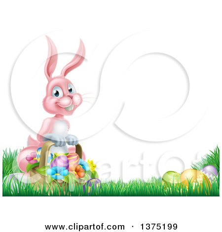 Clipart of a Happy Pink Easter Bunny with a Basket of Eggs and Flowers in the Grass, with White Text Space - Royalty Free Vector Illustration by AtStockIllustration