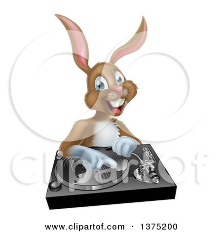 Clipart of a Happy Brown Bunny Rabbit Dj over a Turntable - Royalty Free Vector Illustration by AtStockIllustration