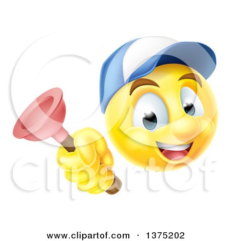 Clipart of a Yellow Smiley Emoji Emoticon Plumber Holding a Plunger - Royalty Free Vector Illustration by AtStockIllustration