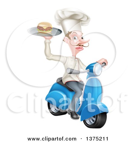 Clipart of a Snooty White Male Chef with a Curling Mustache, Holding a Gourmet Cheeseburger on a Tray and Driving a Scooter - Royalty Free Vector Illustration by AtStockIllustration