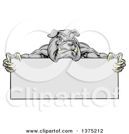 Clipart of a Gray Aggressive Bulldog Monster Mascot Holding a Blank Sign - Royalty Free Vector Illustration by AtStockIllustration