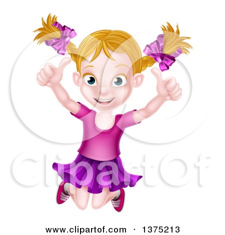 Clipart of a Happy Dirty Blond White Girl Jumping and Giving Two Thumbs up - Royalty Free Vector Illustration by AtStockIllustration