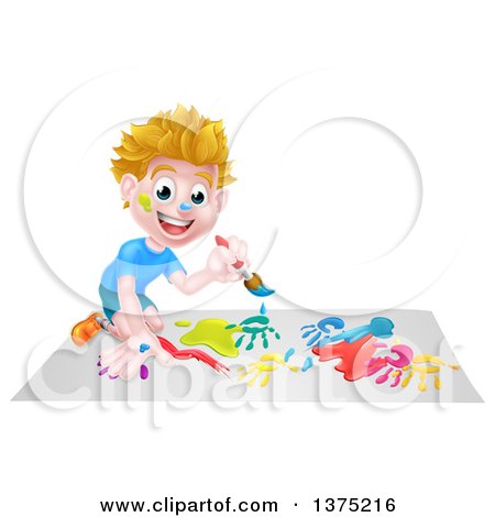 Clipart of a Cartoon Happy White Boy Kneeling and Painting Artwork - Royalty Free Vector Illustration by AtStockIllustration