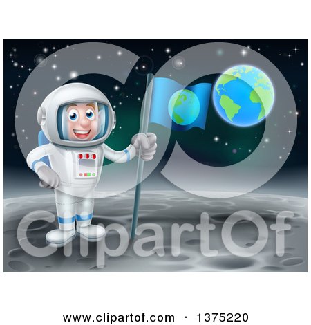 Clipart of a Happy Caucasian Male Astronaut Holding a Flag on the Moon, Earth in the Background - Royalty Free Vector Illustration by AtStockIllustration