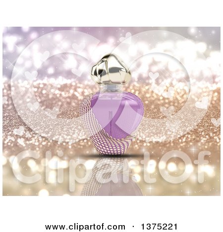Clipart of a 3d Purple Floral Perfume Bottle over Gold Glitter with Hearts - Royalty Free Illustration by KJ Pargeter