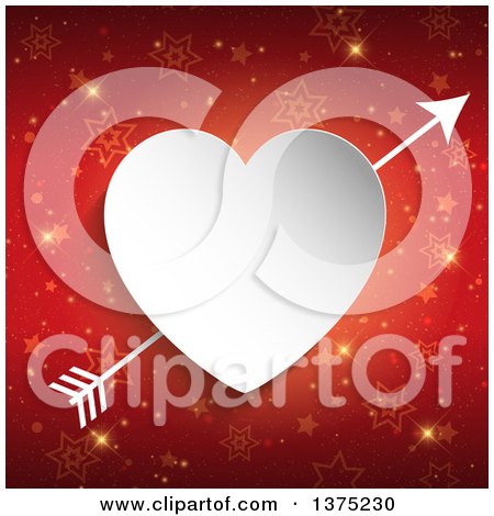 Clipart of a 3d White Paper Cutout Heart with Cupids Arrow over Red Stars and Gold Sparkles - Royalty Free Vector Illustration by KJ Pargeter