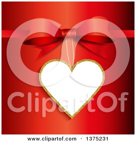 Clipart of a Gold and White Valentines Day Tag Suspended from a Gift Bow on Red - Royalty Free Vector Illustration by KJ Pargeter