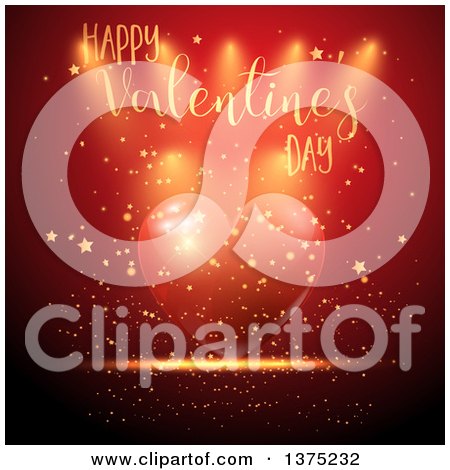 Clipart of a Happy Valentines Day Greeting with a Heart, Stars and Sparkles on Red - Royalty Free Vector Illustration by KJ Pargeter