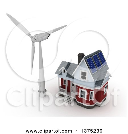 Clipart of a 3d House with Solar Panels on the Roof and a Wind Turbine Windmill, on a White Background - Royalty Free Illustration by KJ Pargeter