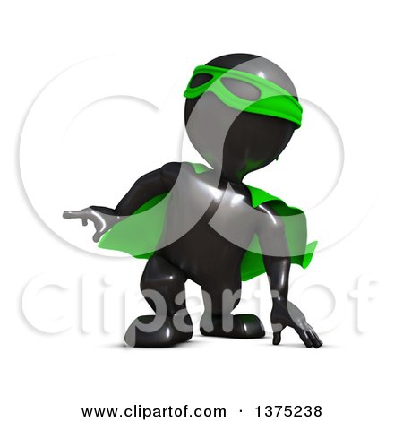 Clipart of a 3d Black Man Super Hero in a Green Cape, on a White Background - Royalty Free Illustration by KJ Pargeter