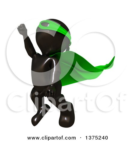 Clipart of a 3d Black Man Super Hero Flying in a Green Cape, on a White Background - Royalty Free Illustration by KJ Pargeter