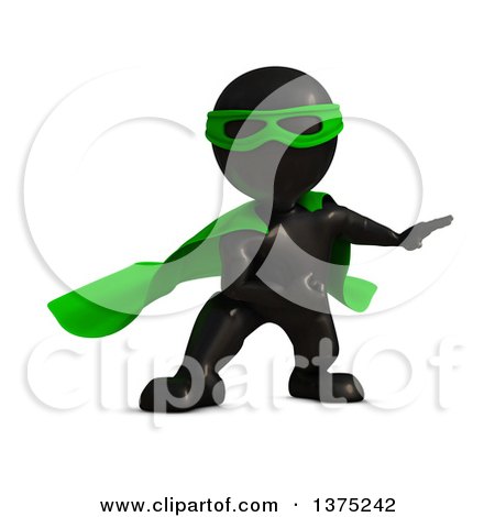 Clipart of a 3d Black Man Super Hero in a Green Cape, on a White Background - Royalty Free Illustration by KJ Pargeter