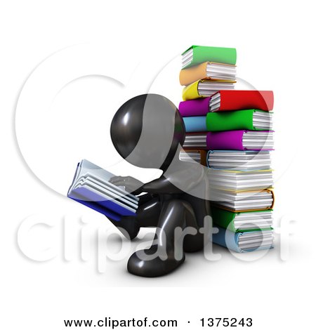 Clipart of a 3d Black Man Sitting on the Floor and Reading Against a Stack of Books, on a White Background - Royalty Free Illustration by KJ Pargeter