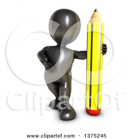 Clipart of a 3d Black Man Standing with a Giant Pencil, on a White Background - Royalty Free Illustration by KJ Pargeter