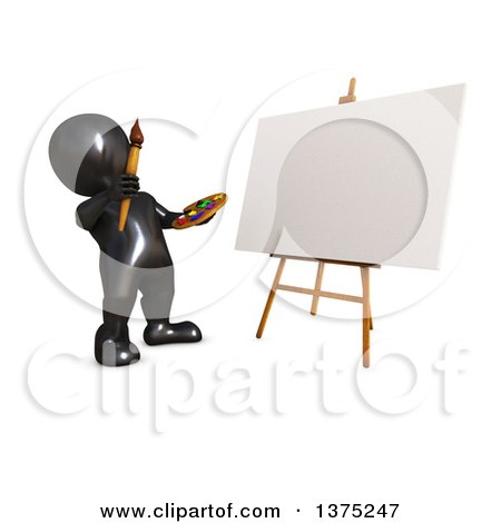 Clipart of a 3d Black Man Artist Ready to Paint a Canvas, on a White Background - Royalty Free Illustration by KJ Pargeter