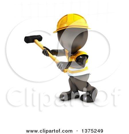 Clipart of a 3d Black Man Construction Worker Swinging a Sledgehammer, on a White Background - Royalty Free Illustration by KJ Pargeter