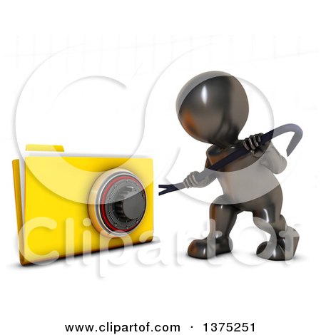 Clipart of a 3d Black Man Trying to Break into a Secure Folder with a Pry Bar, on a White Background - Royalty Free Illustration by KJ Pargeter