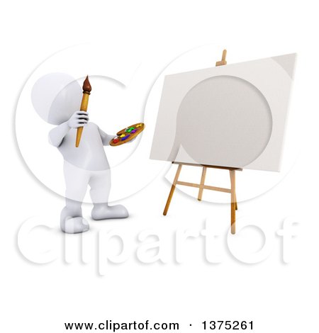 Clipart of a 3d White Man Artist Ready to Paint a Canvas, on a White Background - Royalty Free Illustration by KJ Pargeter