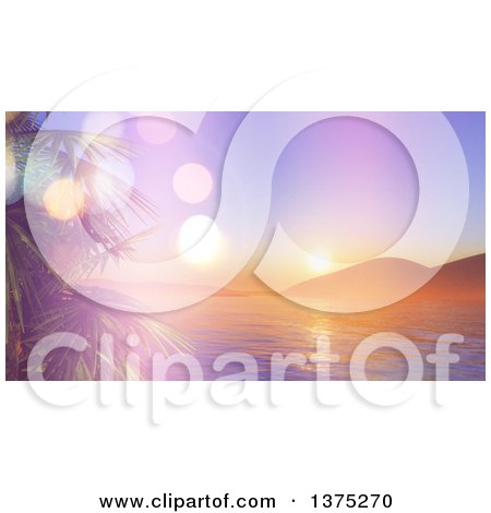 Clipart of a Background of a Sunset over a 3d Bay with Palm Trees - Royalty Free Illustration by KJ Pargeter