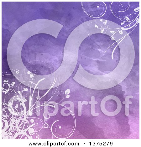 Clipart of a Purple Watercolor Background with Floral White Vines - Royalty Free Vector Illustration by KJ Pargeter