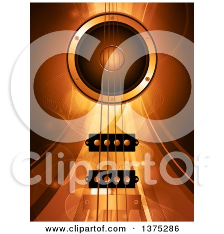 Clipart of a Background of 3d Air Bass Guitar Strings and a Music Speaker over Gold Mesh Waves, Lines and Flares - Royalty Free Vector Illustration by elaineitalia