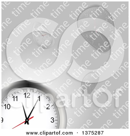 Clipart of a 3d Wall Clock over Warped Clocks and Time Text on Gray - Royalty Free Vector Illustration by elaineitalia