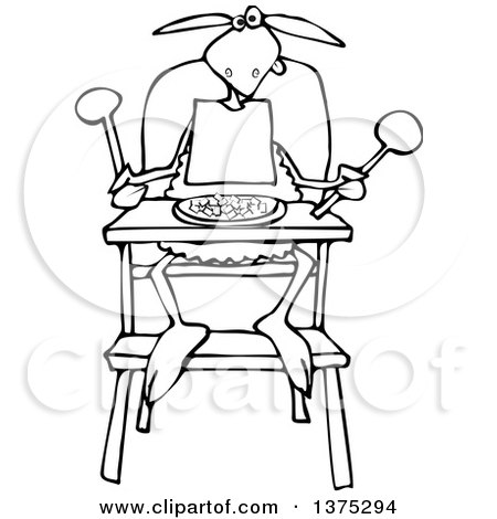 Cartoon Clipart of a Black and White Baby Lamb Sitting in a High Chair and Wearing a Bib - Royalty Free Vector Illustration by djart