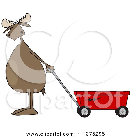 Cartoon Clipart of a Moose Standing Upright and Pulling a Wagon - Royalty Free Vector Illustration by djart