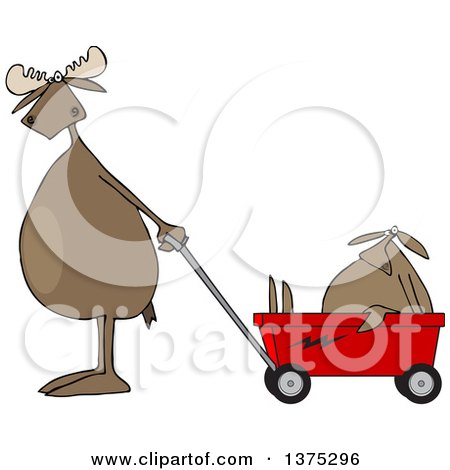 Cartoon Clipart of a Moose Standing Upright and Pulling a Baby in a Wagon - Royalty Free Vector Illustration by djart