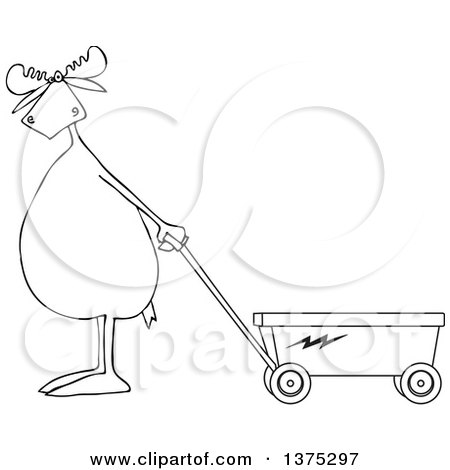 Cartoon Clipart of a Black and White Moose Standing Upright and Pulling a Wagon - Royalty Free Vector Illustration by djart