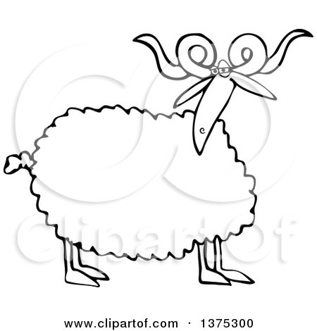 Cartoon Clipart of a Black and White Curly Horned Sheep - Royalty Free Vector Illustration by djart