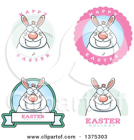 Clipart of Badges of a Happy Chubby White Easter Bunny - Royalty Free Vector Illustration by Cory Thoman