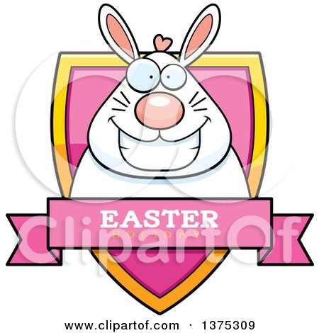 Clipart of a Happy Chubby White Easter Bunny Shield - Royalty Free Vector Illustration by Cory Thoman