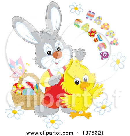 Clipart of a Cute Yellow Chick and Bunny Rabbit with a Basket of Eggs, Flowers and a Butterfly with a Happy Easter Greeting - Royalty Free Vector Illustration by Alex Bannykh