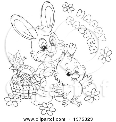 Clipart of a Black and White Cute Chick and Rabbit with a Basket of Eggs, Flowers and a Butterfly with a Happy Easter Greeting - Royalty Free Vector Illustration by Alex Bannykh
