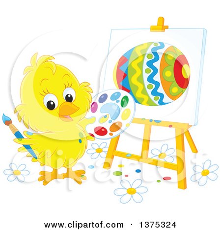 Clipart of a Yellow Easter Chick Painting an Egg on a Canvas - Royalty Free Vector Illustration by Alex Bannykh