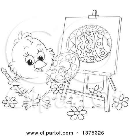 Clipart of a Black and White Cute Easter Chick Painting an Egg on a Canvas - Royalty Free Vector Illustration by Alex Bannykh