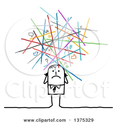 Clipart of a Stressed Stick Business Man Under Messy Social Networking Lines and Icons - Royalty Free Vector Illustration by NL shop
