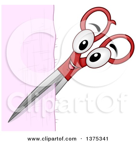 Clipart of a Pair of Scissors Character Cutting a Piece of Fabric - Royalty Free Vector Illustration by BNP Design Studio