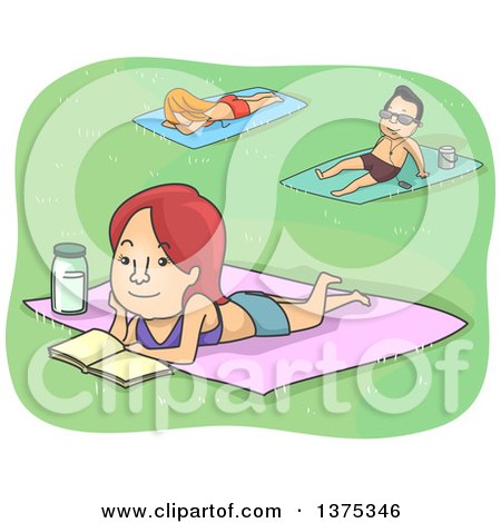 Clipart of a Woman Reading a Book and Sun Bathing - Royalty Free Vector Illustration by BNP Design Studio